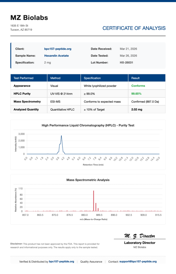 COA_Hexarelin_Acetate_HX-26031 Hexarelin Acetate (Maximum GH Pulse) | 2mg - 5mg | >99% Purity