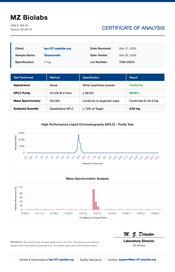 COA_Tesamorelin_TSM-26034 Tesamorelin (Visceral Fat Targeting) | 2mg - 20mg Vials | >99% Purity